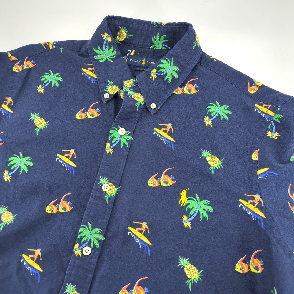 Ralph Lauren Shirt Men's Large Classic Fit Tropical Surfer AOP Button Down Polo‎